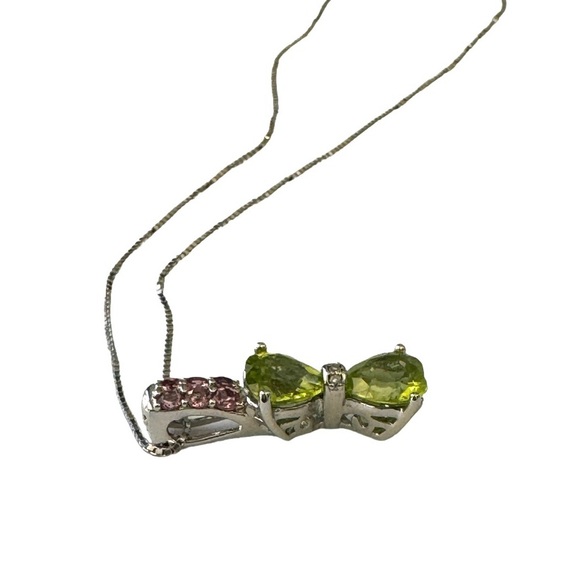Chartreuse green peridot and pink gemstone bow pendant necklace 🎀💚 - Picture 4 of 9